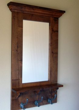 Rustic Wood And Metal Mirror With Shelf And Hangers